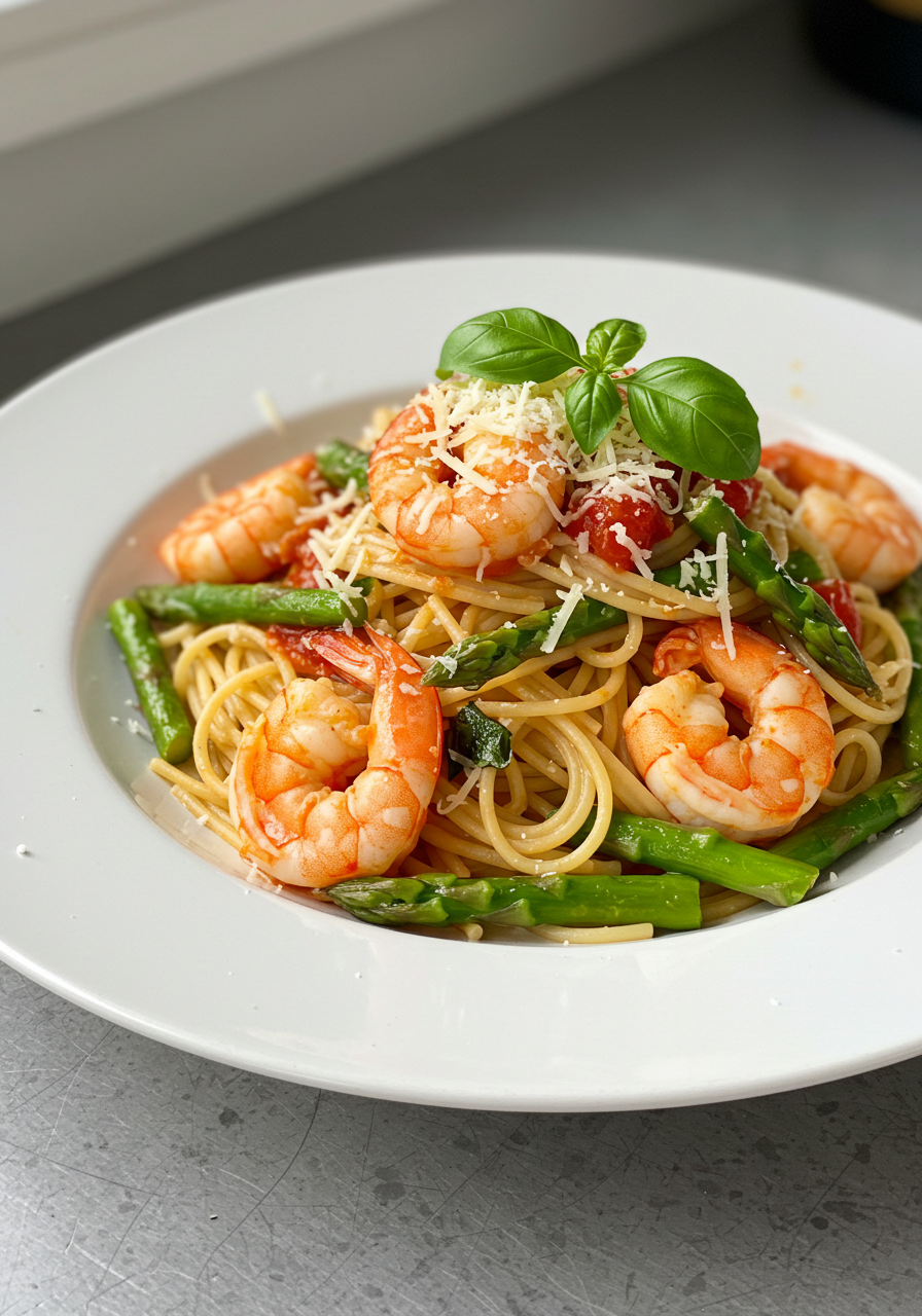 Angel Hair Pasta with Shrimp, Asparagus and Basil