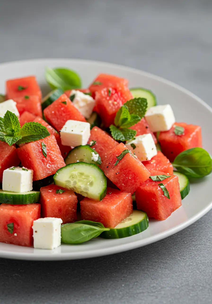 Watermelon Salad with Feta Cucumber and Mint