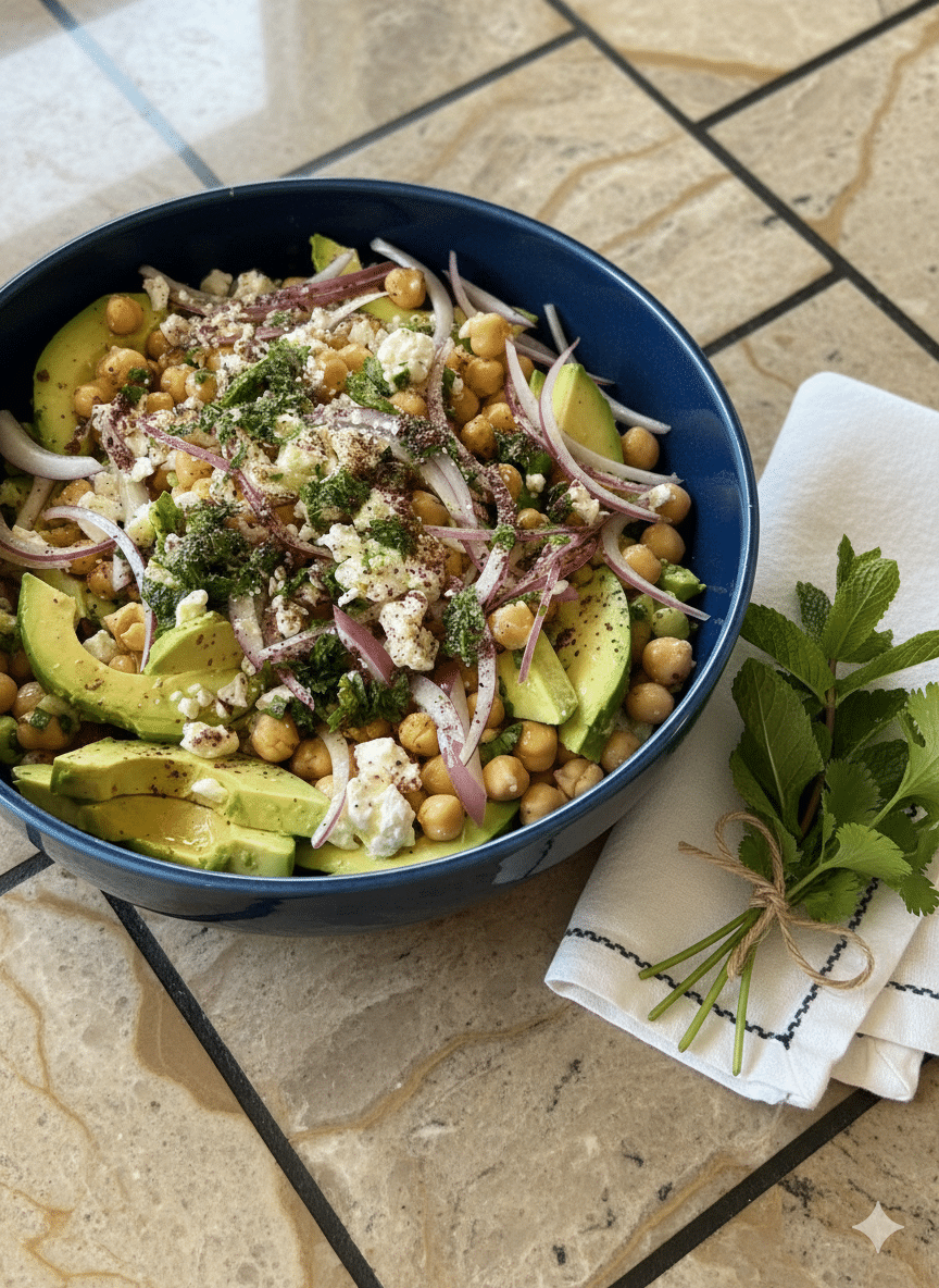 Creamy Avocado Chickpea Salad with Feta and Sumac