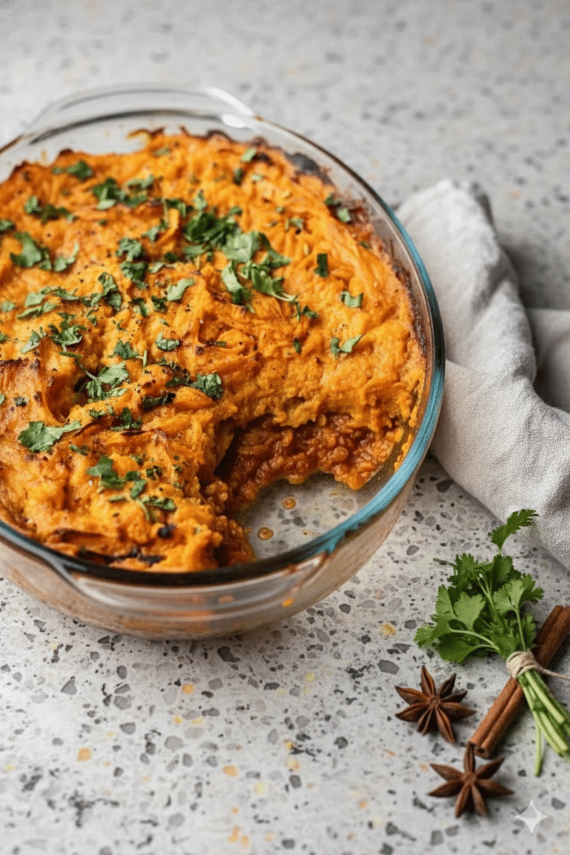 Cozy Comfort: Lentil Shepherd’s Pie with Cheesy Sweet Potato Mash